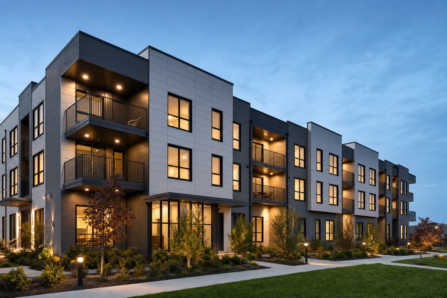 Modern LIHTC multifamily community at dusk