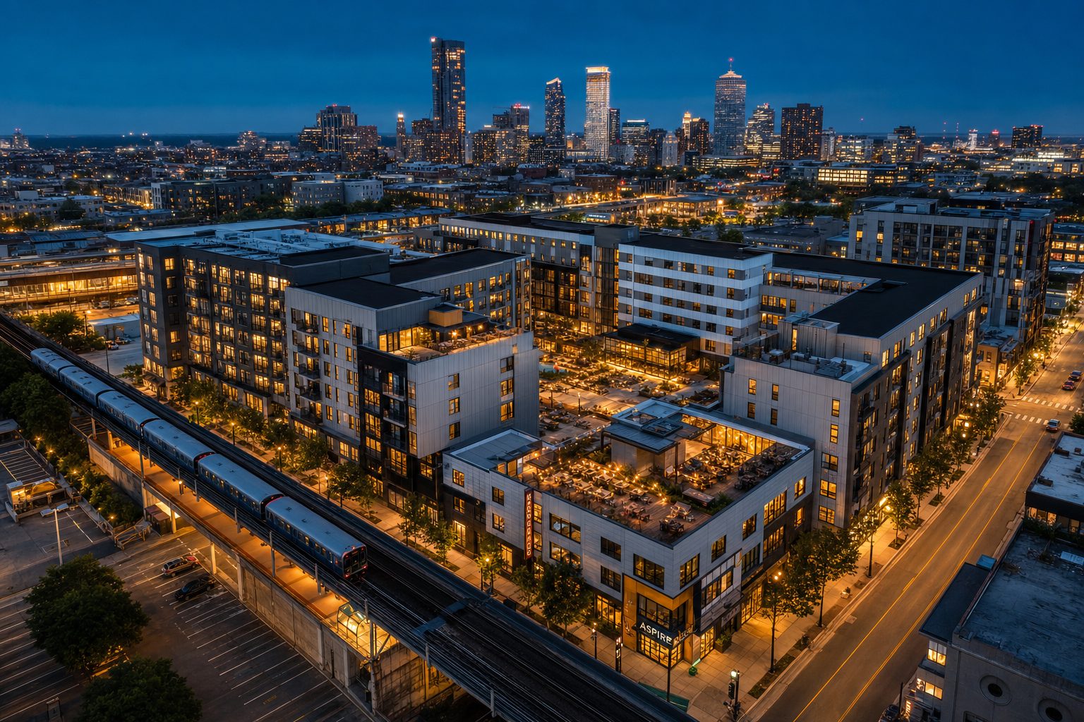 Mixed-income development at blue hour